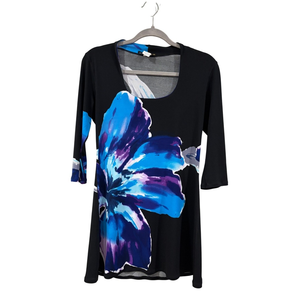 Eva Varro Tunic Top Black Blue Purple Floral Scoop Neck 3/4 Sleeve Handcrafted